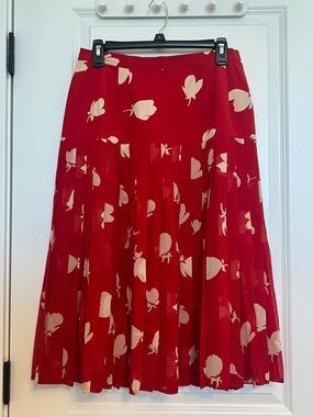 Red Floral Pleated Midi Skirt with Cream Print
